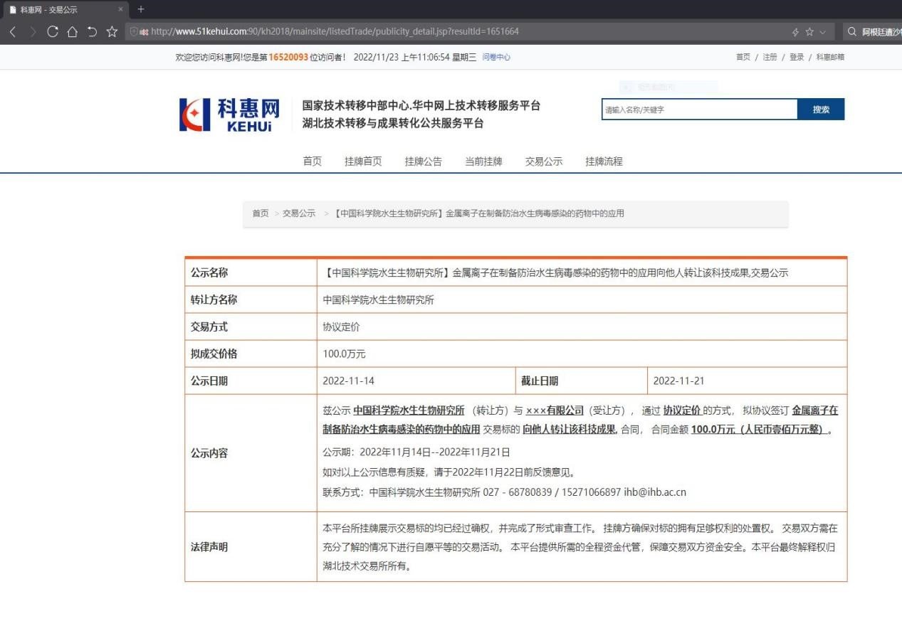 水生所首例科技成果挂牌转让成功实施